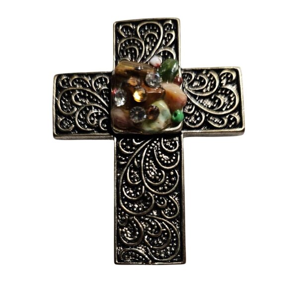Decorative Cross Pendant with Gemstone Accents with magnetic closure H: 2.5 in. - Picture 1 of 6
